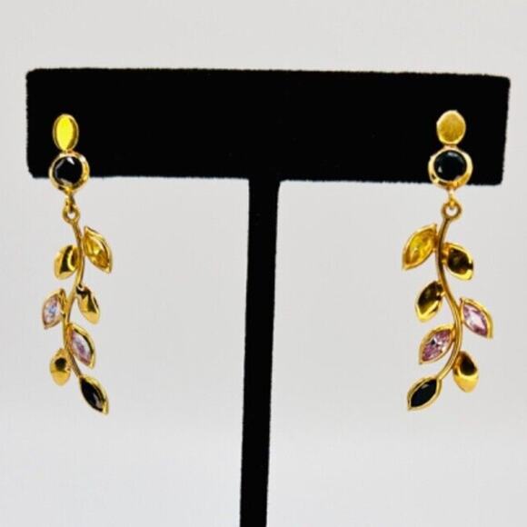❌SOLD❌ 18k Yellow Gold Sapphire & CZ Leaf Post Back Earrings 3.4g - Picture 3 of 5